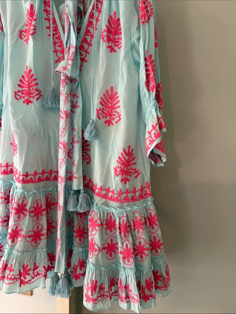 Pomella Light Blue Long Sleeve Dress with Pink Embroidery